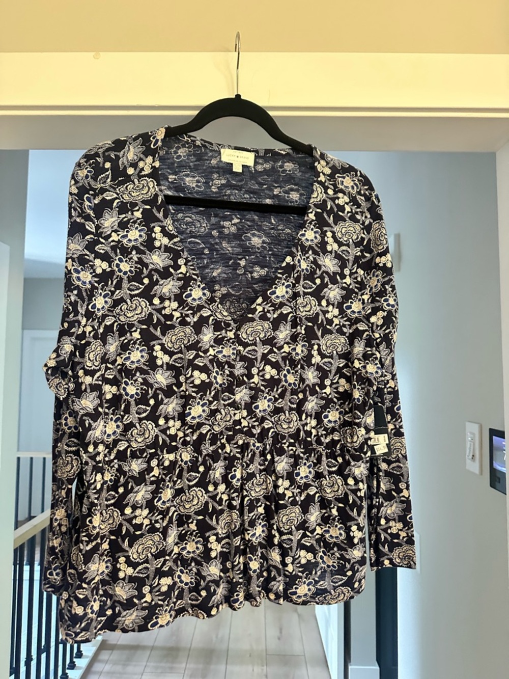 Lucky Brand Navy Floral Peplum V-Neck Blouse